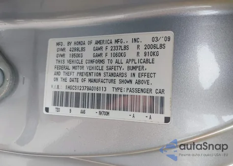 2009 Honda Accord 2.4 Lx-S из США, поврежденный, VIN 1HGCS12379A016113